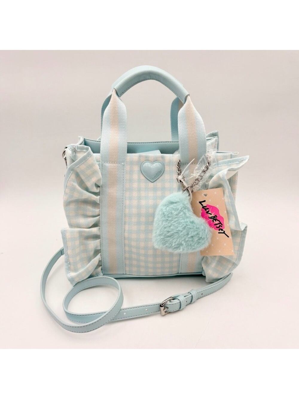 NEW LUV BETSEY JOHNSON LIGHT BLUE GINGHAM PRINT RUFFLE BAG FUZZY HEART BAG CHARM
